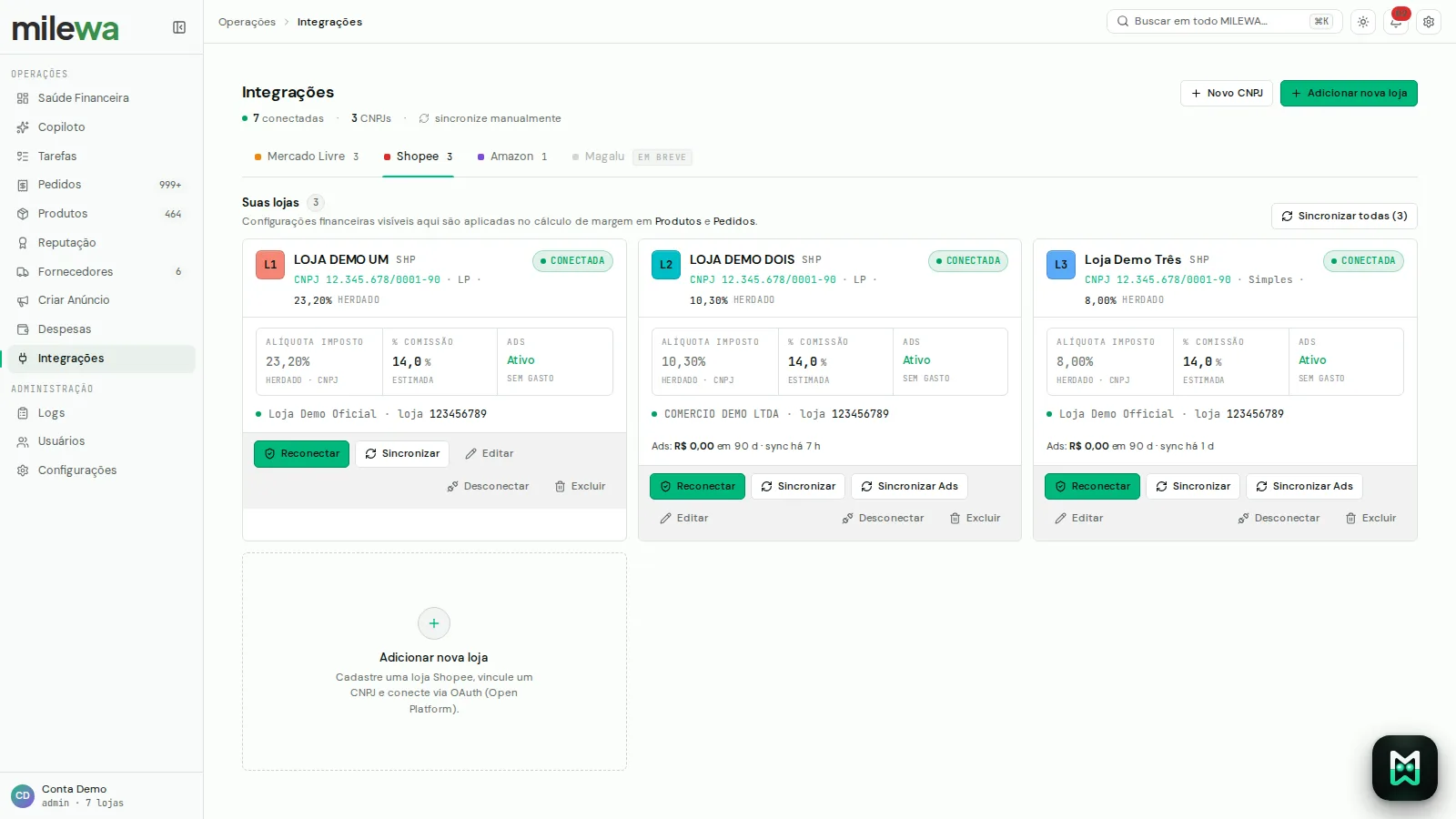 Tela de Integrações da Milewa com três lojas Shopee conectadas via OAuth: alíquota de imposto, comissão e Ads por loja, com sincronização automática.